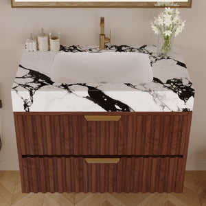 English Elm 30 Inch Floating Bathroom Vanity with Sintered Stone Basin and Soft Close Drawers Walnut, White - B W3136S00132