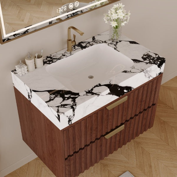 English Elm 30 Inch Floating Bathroom Vanity with Sintered Stone Basin and Soft Close Drawers Walnut, White - B W3136S00132