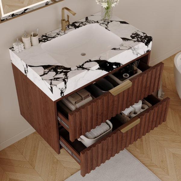 English Elm 30 Inch Floating Bathroom Vanity with Sintered Stone Basin and Soft Close Drawers Walnut, White - B W3136S00132
