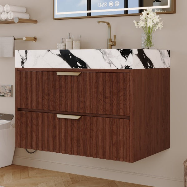 English Elm 30 Inch Floating Bathroom Vanity with Sintered Stone Basin and Soft Close Drawers Walnut, White - B W3136S00132