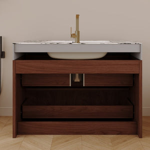 English Elm 30 Inch Floating Bathroom Vanity with Sintered Stone Basin and Soft Close Drawers Walnut, White - B W3136S00132