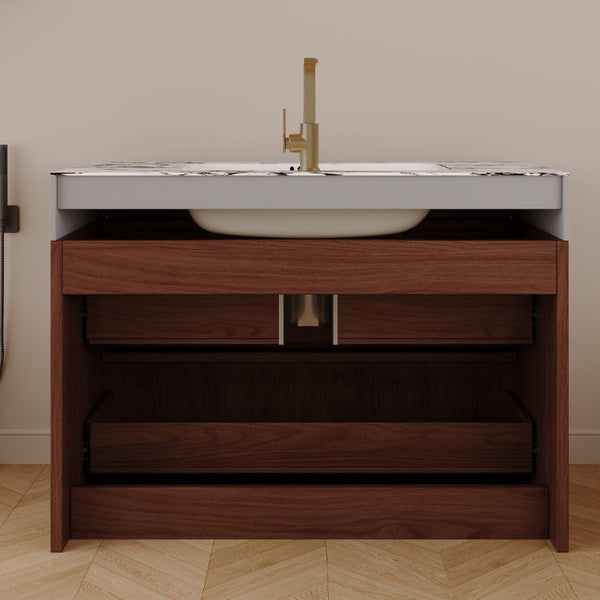English Elm 30 Inch Floating Bathroom Vanity with Sintered Stone Basin and Soft Close Drawers Walnut, White - B W3136S00132