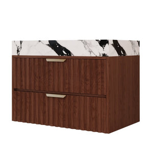 English Elm 30 Inch Floating Bathroom Vanity with Sintered Stone Basin and Soft Close Drawers Walnut, White - B W3136S00132