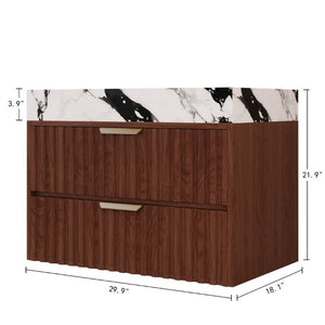 English Elm 30 Inch Floating Bathroom Vanity with Sintered Stone Basin and Soft Close Drawers Walnut, White - B W3136S00132