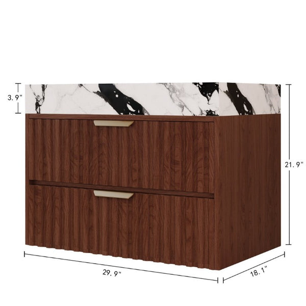 English Elm 30 Inch Floating Bathroom Vanity with Sintered Stone Basin and Soft Close Drawers Walnut, White - B W3136S00132