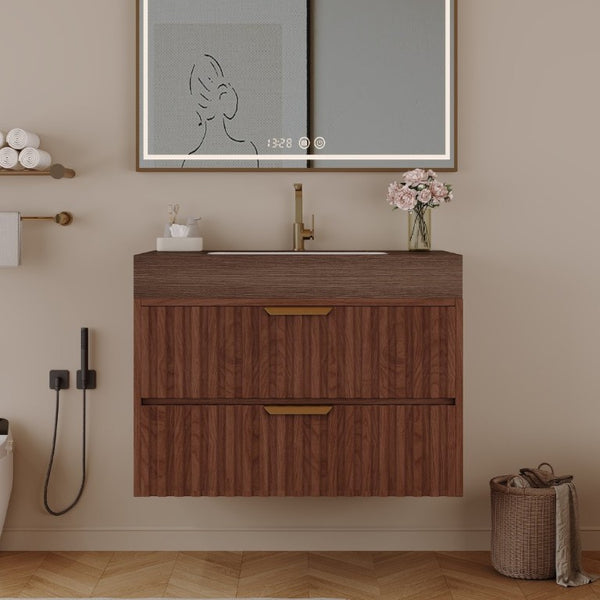 English Elm 30 Inch Floating Bathroom Vanity with Sintered Stone Basin and Soft Close Drawers Brown, Walnut W3136S00133