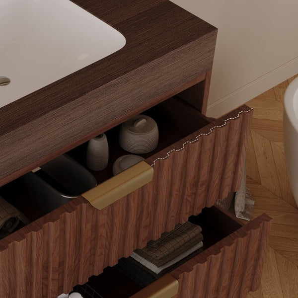 English Elm 30 Inch Floating Bathroom Vanity with Sintered Stone Basin and Soft Close Drawers Brown, Walnut W3136S00133