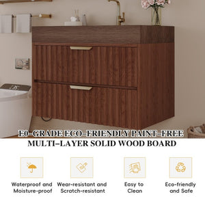 English Elm 30 Inch Floating Bathroom Vanity with Sintered Stone Basin and Soft Close Drawers Brown, Walnut W3136S00133
