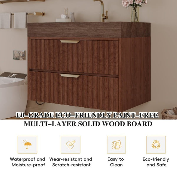English Elm 30 Inch Floating Bathroom Vanity with Sintered Stone Basin and Soft Close Drawers Brown, Walnut W3136S00133