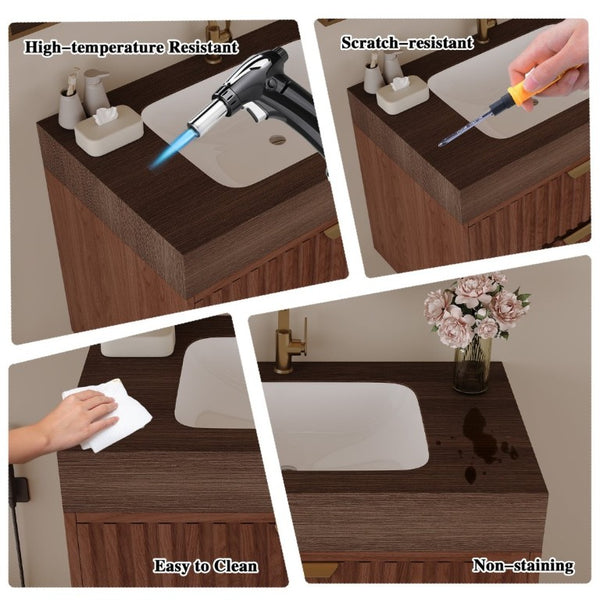 English Elm 30 Inch Floating Bathroom Vanity with Sintered Stone Basin and Soft Close Drawers Brown, Walnut W3136S00133