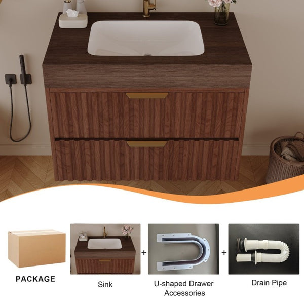 English Elm 30 Inch Floating Bathroom Vanity with Sintered Stone Basin and Soft Close Drawers Brown, Walnut W3136S00133