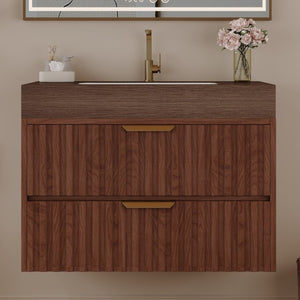 English Elm 30 Inch Floating Bathroom Vanity with Sintered Stone Basin and Soft Close Drawers Brown, Walnut W3136S00133