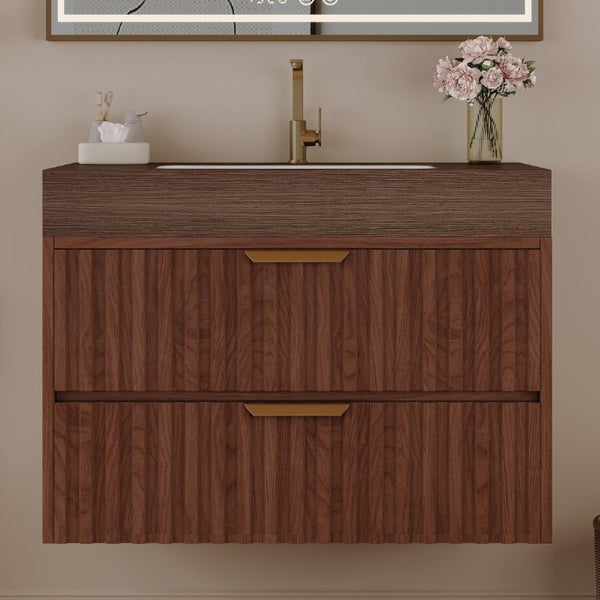 English Elm 30 Inch Floating Bathroom Vanity with Sintered Stone Basin and Soft Close Drawers Brown, Walnut W3136S00133