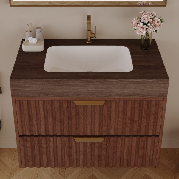 English Elm 30 Inch Floating Bathroom Vanity with Sintered Stone Basin and Soft Close Drawers Brown, Walnut W3136S00133