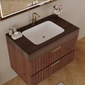 English Elm 30 Inch Floating Bathroom Vanity with Sintered Stone Basin and Soft Close Drawers Brown, Walnut W3136S00133
