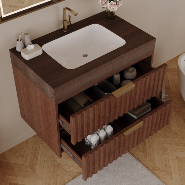 English Elm 30 Inch Floating Bathroom Vanity with Sintered Stone Basin and Soft Close Drawers Brown, Walnut W3136S00133