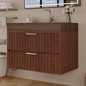 English Elm 30 Inch Floating Bathroom Vanity with Sintered Stone Basin and Soft Close Drawers Brown, Walnut W3136S00133