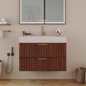 English Elm 30 Inch Floating Bathroom Vanity with Sintered Stone Basin and Soft Close Drawers Stone Gray, Walnut W3136S00134