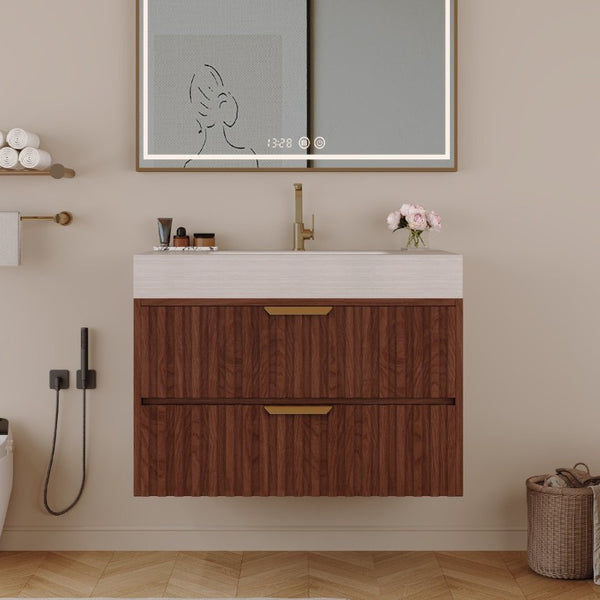 English Elm 30 Inch Floating Bathroom Vanity with Sintered Stone Basin and Soft Close Drawers Stone Gray, Walnut W3136S00134