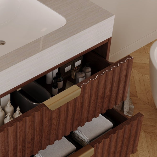 English Elm 30 Inch Floating Bathroom Vanity with Sintered Stone Basin and Soft Close Drawers Stone Gray, Walnut W3136S00134