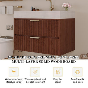 English Elm 30 Inch Floating Bathroom Vanity with Sintered Stone Basin and Soft Close Drawers Stone Gray, Walnut W3136S00134