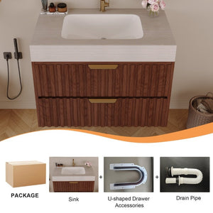 English Elm 30 Inch Floating Bathroom Vanity with Sintered Stone Basin and Soft Close Drawers Stone Gray, Walnut W3136S00134