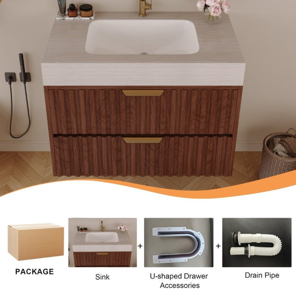English Elm 30 Inch Floating Bathroom Vanity with Sintered Stone Basin and Soft Close Drawers Stone Gray, Walnut W3136S00134
