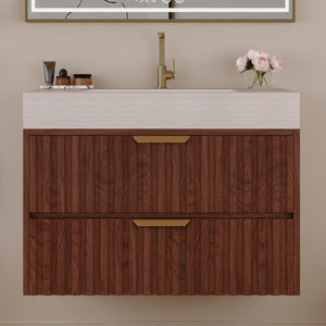 English Elm 30 Inch Floating Bathroom Vanity with Sintered Stone Basin and Soft Close Drawers Stone Gray, Walnut W3136S00134
