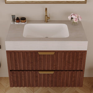 English Elm 30 Inch Floating Bathroom Vanity with Sintered Stone Basin and Soft Close Drawers Stone Gray, Walnut W3136S00134