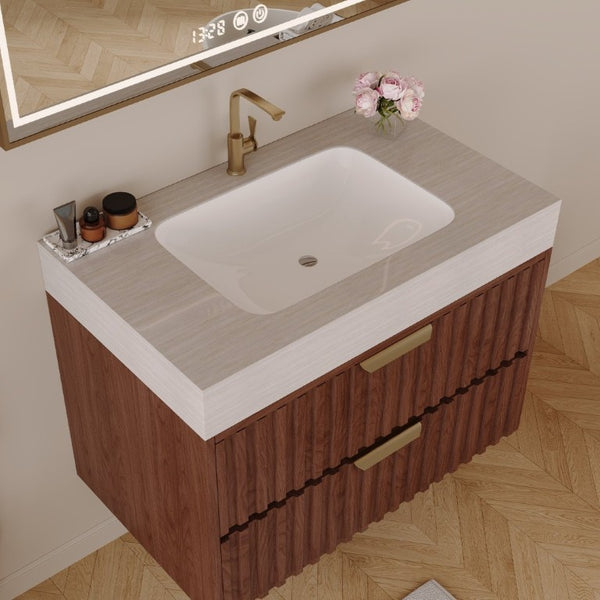 English Elm 30 Inch Floating Bathroom Vanity with Sintered Stone Basin and Soft Close Drawers Stone Gray, Walnut W3136S00134