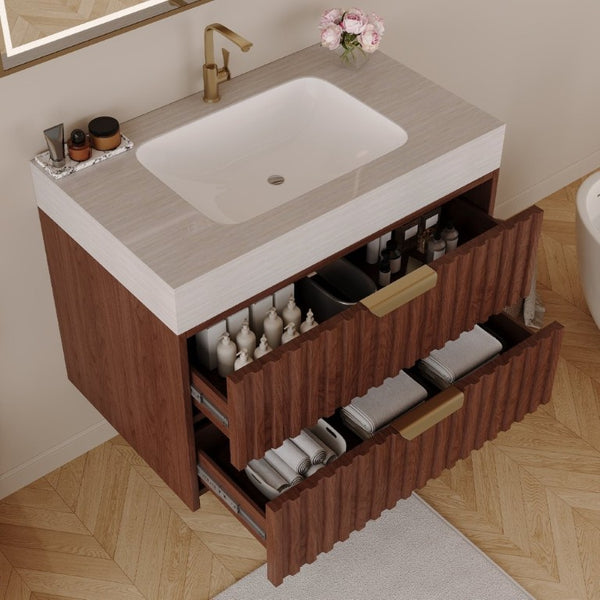 English Elm 30 Inch Floating Bathroom Vanity with Sintered Stone Basin and Soft Close Drawers Stone Gray, Walnut W3136S00134