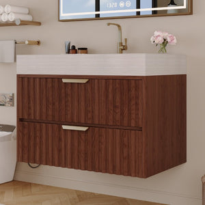 English Elm 30 Inch Floating Bathroom Vanity with Sintered Stone Basin and Soft Close Drawers Stone Gray, Walnut W3136S00134