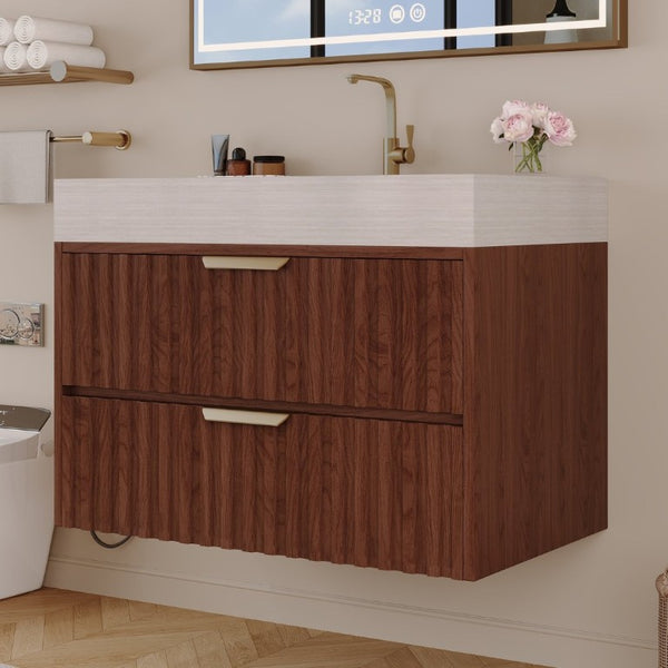 English Elm 30 Inch Floating Bathroom Vanity with Sintered Stone Basin and Soft Close Drawers Stone Gray, Walnut W3136S00134