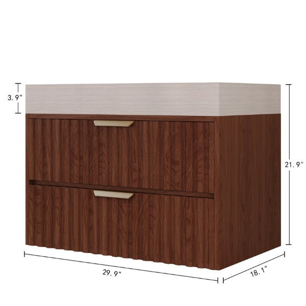 English Elm 30 Inch Floating Bathroom Vanity with Sintered Stone Basin and Soft Close Drawers Stone Gray, Walnut W3136S00134