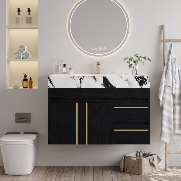 English Elm 36 Inch Floating Bathroom Vanity with Sintered Stone Top and Integrated Ceramic Sink W3136S00135