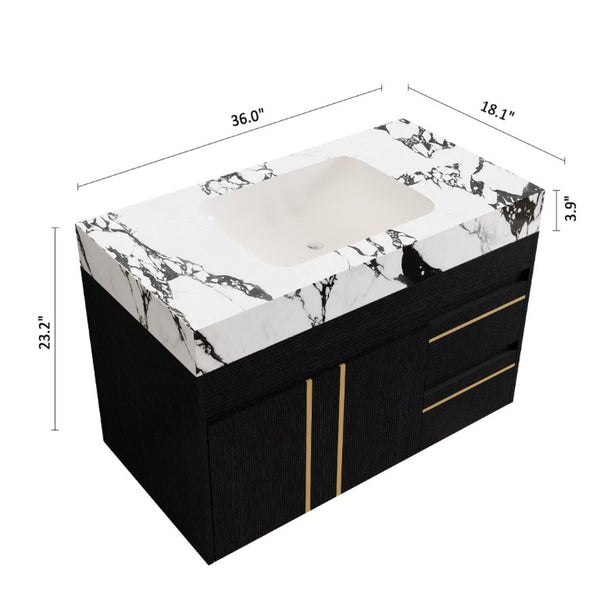 English Elm 36 Inch Floating Bathroom Vanity with Sintered Stone Top and Integrated Ceramic Sink W3136S00135