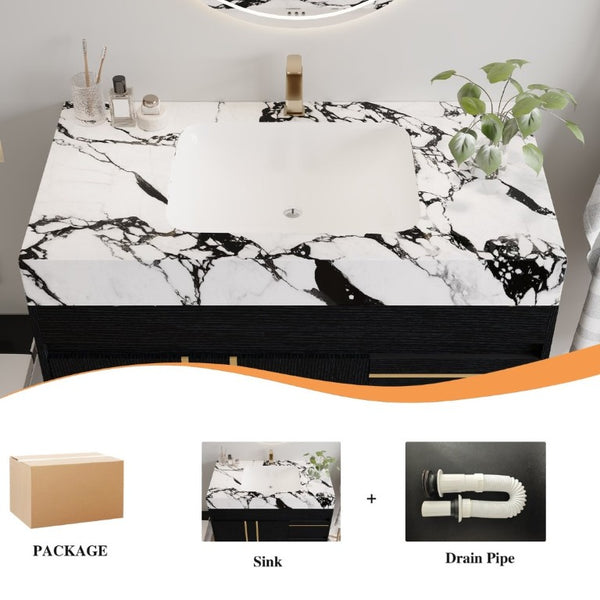 English Elm 36 Inch Floating Bathroom Vanity with Sintered Stone Top and Integrated Ceramic Sink W3136S00135