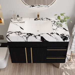 English Elm 36 Inch Floating Bathroom Vanity with Sintered Stone Top and Integrated Ceramic Sink W3136S00135