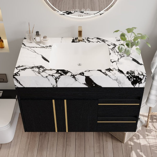 English Elm 36 Inch Floating Bathroom Vanity with Sintered Stone Top and Integrated Ceramic Sink W3136S00135