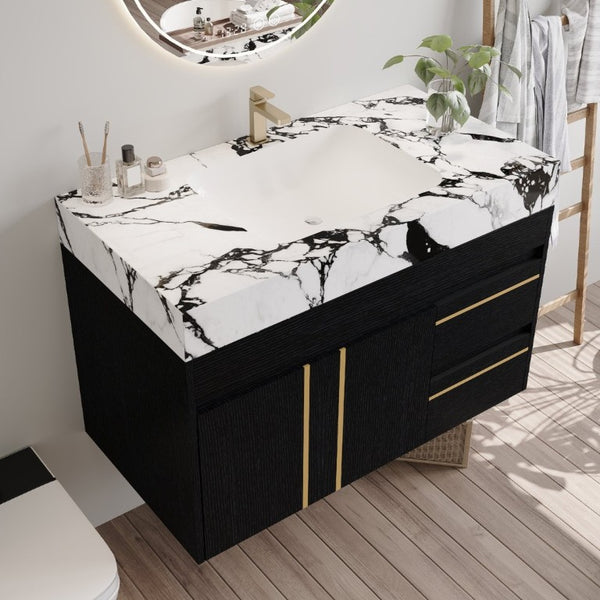 English Elm 36 Inch Floating Bathroom Vanity with Sintered Stone Top and Integrated Ceramic Sink W3136S00135