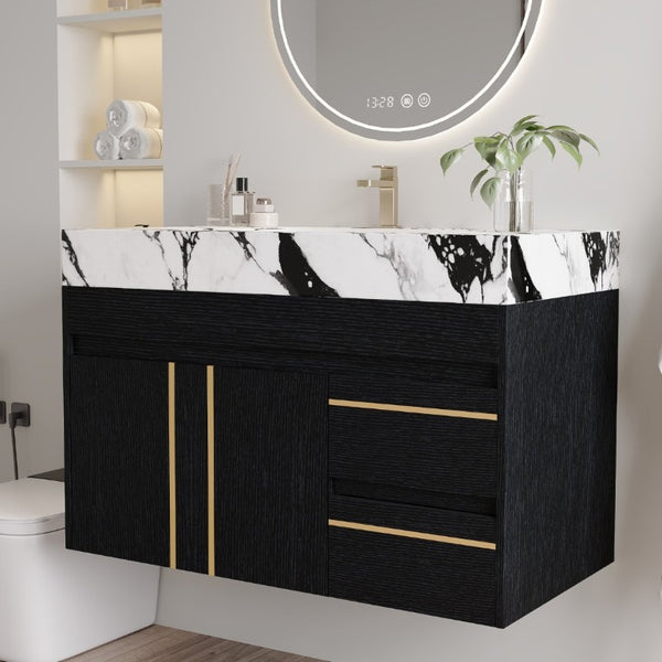 English Elm 36 Inch Floating Bathroom Vanity with Sintered Stone Top and Integrated Ceramic Sink W3136S00135