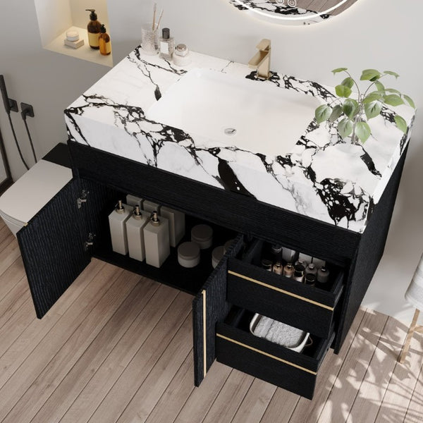 English Elm 36 Inch Floating Bathroom Vanity with Sintered Stone Top and Integrated Ceramic Sink W3136S00135