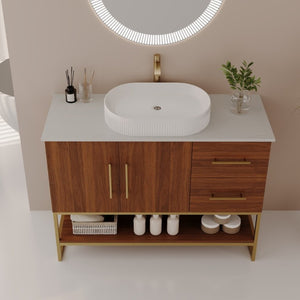 English Elm 36 Inch Freestanding Bathroom Vanity with Ceramic Vessel Sink and Brushed Gold Base Walnut / Gold + White W3136S00136