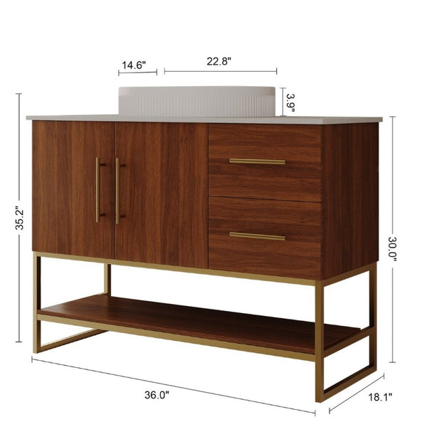 English Elm 36 Inch Freestanding Bathroom Vanity with Ceramic Vessel Sink and Brushed Gold Base Walnut / Gold + White W3136S00136