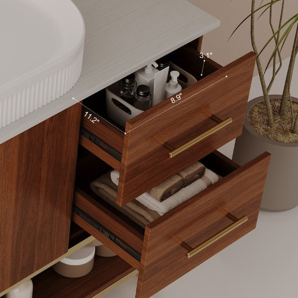 English Elm 36 Inch Freestanding Bathroom Vanity with Ceramic Vessel Sink and Brushed Gold Base Walnut / Gold + White W3136S00136