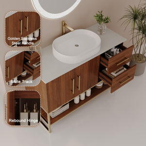 English Elm 36 Inch Freestanding Bathroom Vanity with Ceramic Vessel Sink and Brushed Gold Base Walnut / Gold + White W3136S00136