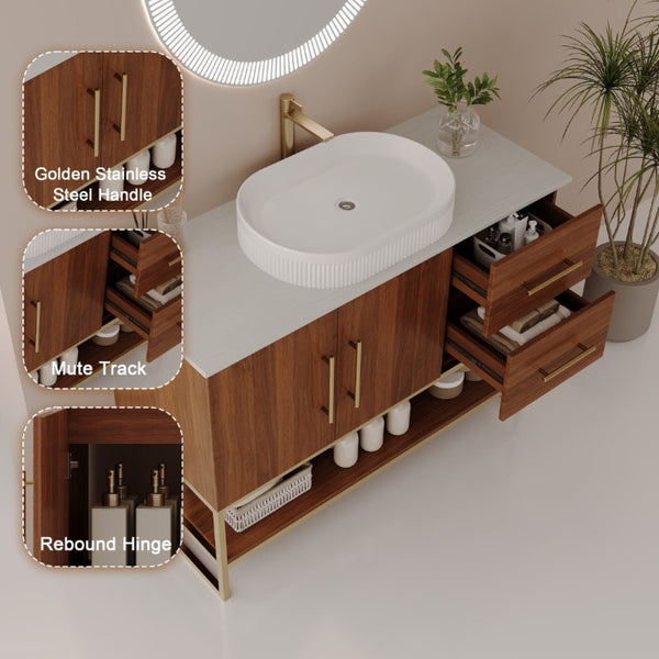 English Elm 36 Inch Freestanding Bathroom Vanity with Ceramic Vessel Sink and Brushed Gold Base Walnut / Gold + White W3136S00136