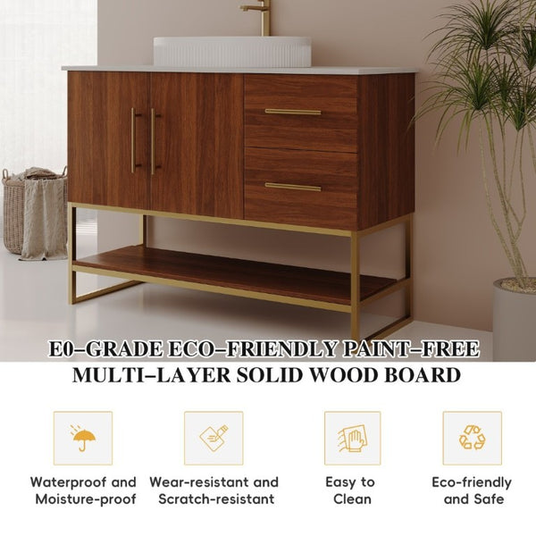 English Elm 36 Inch Freestanding Bathroom Vanity with Ceramic Vessel Sink and Brushed Gold Base Walnut / Gold + White W3136S00136