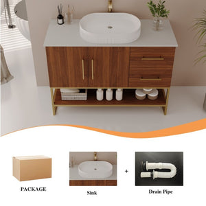 English Elm 36 Inch Freestanding Bathroom Vanity with Ceramic Vessel Sink and Brushed Gold Base Walnut / Gold + White W3136S00136