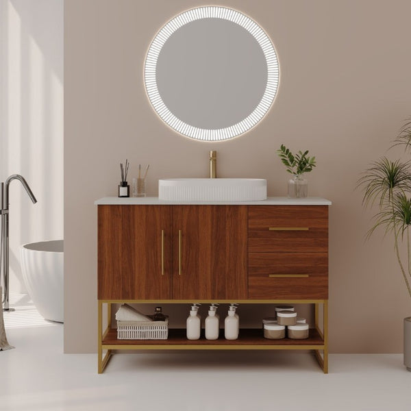 English Elm 36 Inch Freestanding Bathroom Vanity with Ceramic Vessel Sink and Brushed Gold Base Walnut / Gold + White W3136S00136